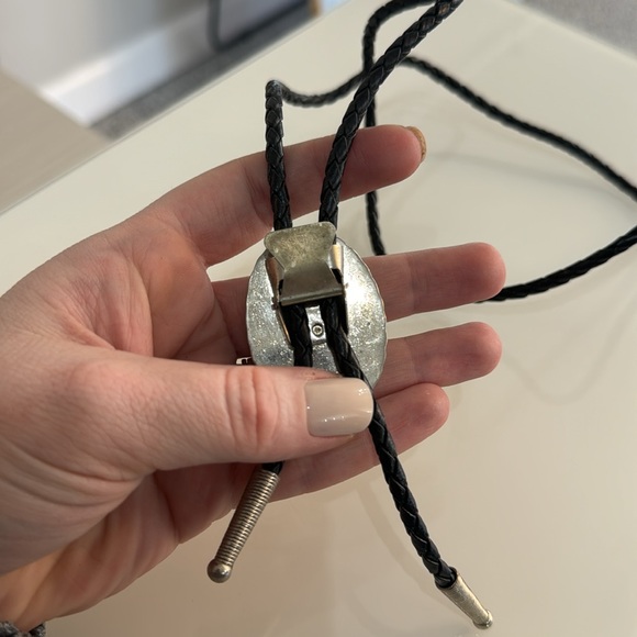 Black and Silver Bolo Tie with Turquoise Accent - Picture 6 of 7